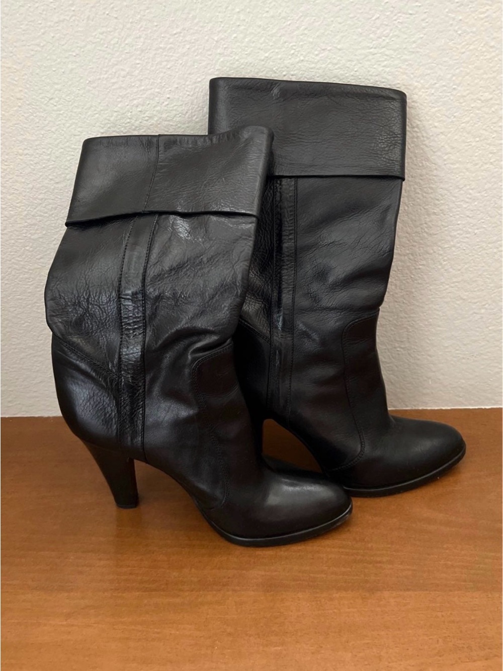Sigerson Morrison Black Leather Fold-Over Mid-Calf Heeled Boots